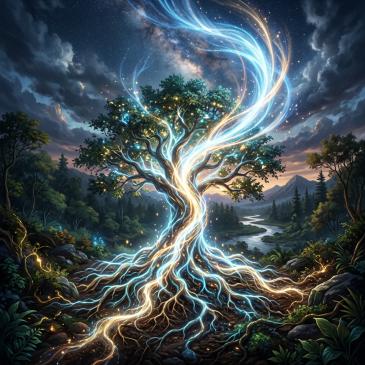 A large tree with glowing blue and gold streams swirling around its branches and roots under a twilight sky